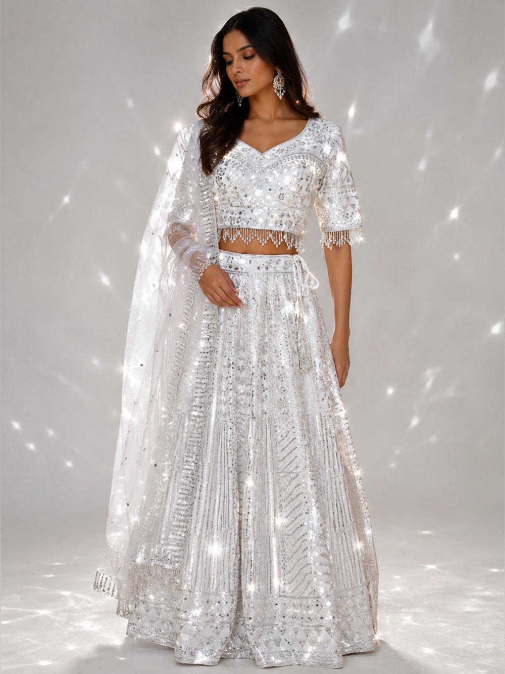 White Silver Embellished Bridal Georgette Net Lehenga Set - Picture 1 of 11